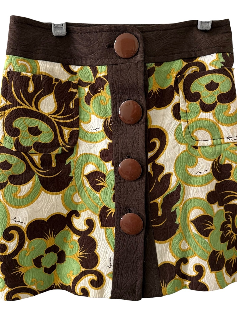 VTG Milly of New York Brown Green & Cream Button-Front Mini Skirt